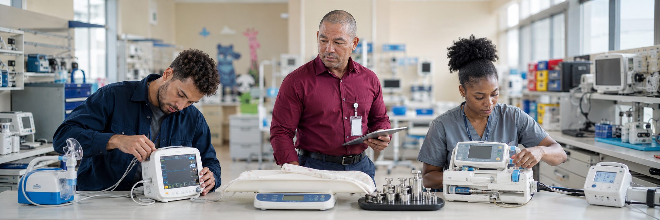 HTM technicians inspecting operating room surgical lights during scheduled service