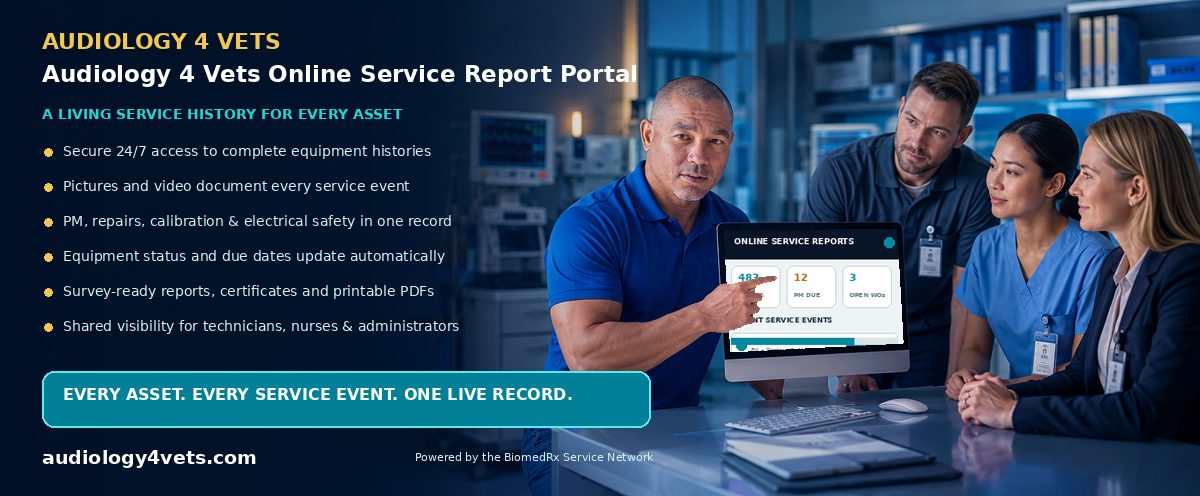 Audiology 4 Vets Online Service Report Portal — every service event, live in your secure online report portal; view a sample report